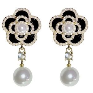 Camellia Flower Inspired and Pearl Drop Earrings - New